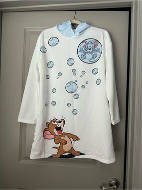 SHEIN White & Light Blue Cartoon Bubble Hooded Mini Dress